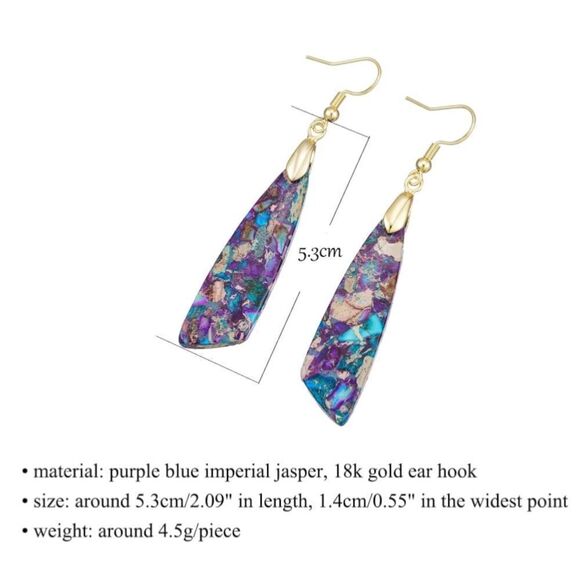 18K Yellow Gold with Natural Imperial Purple Blue Jasper Stone Hook Earrings - Picture 6 of 6